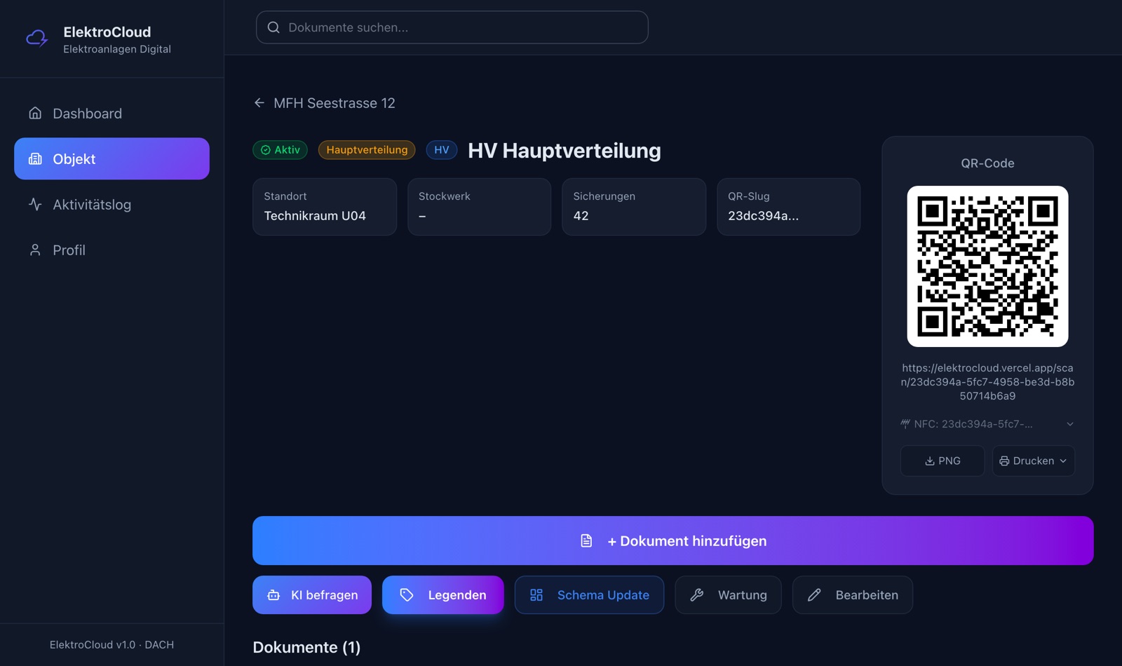 Anlagenseite mit Status Aktiv und QR-Code zum Drucken