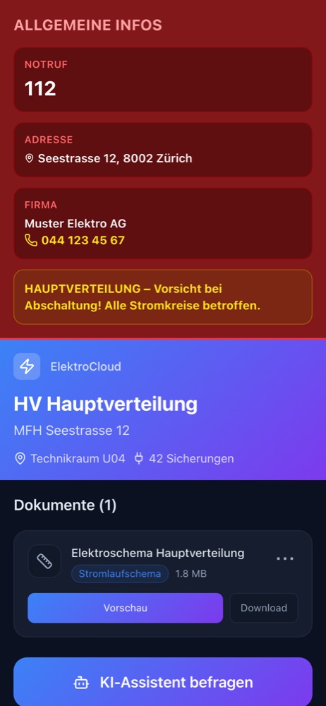 Scan-Seite auf dem Handy mit Notruf, Elektrofirma und Dokumenten